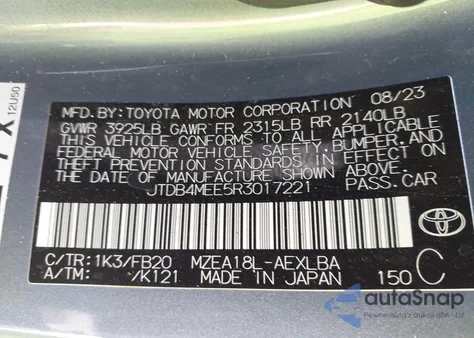 2024 Toyota Corolla Le from USA, damaged, VIN JTDB4MEE5R301722